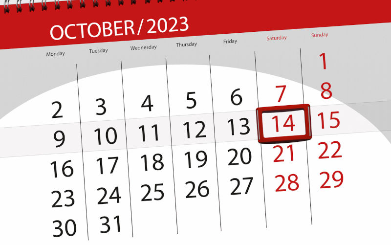 Calendar-2023,-October-14. Image: iStock / Aliaksandr Bukatsich Calendar 2023, deadline, day, month, page, organiser, date, October, saturday, number 14