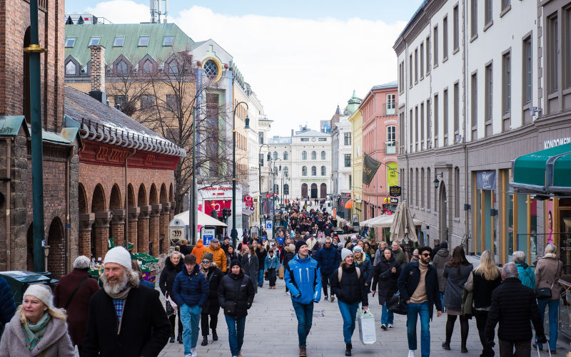 Oslo, Norway - March 11, 2023: Karl Johans gate is the main street of Oslo