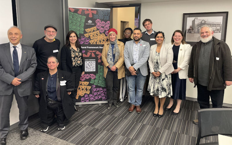 Community consultations are underway: Review Panel Chairperson - Dr Bulent Hass Dellal AO (far left) – with a group from the Ethnic Communities’ Council of Victoria (29 August 2023).