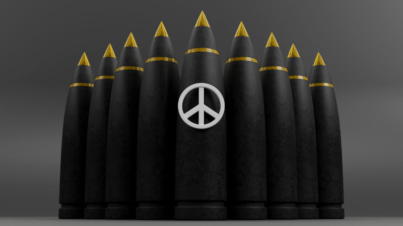 Peace icon with bombs, the international symbol of peace disarmament anti-war movement