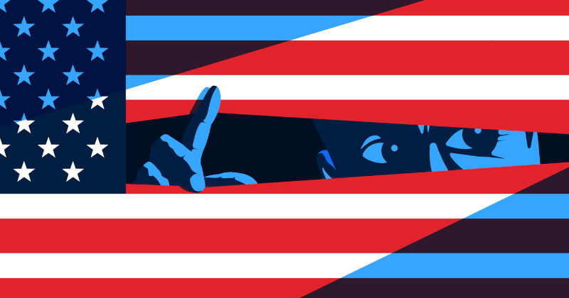 Man lurking behind the American flag. vector illustration.