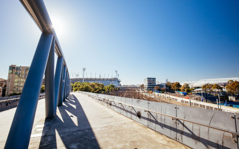 Views around Birrarung Marr and William Barak Bridge on a warm sunny spring morning in Victoria, Australia