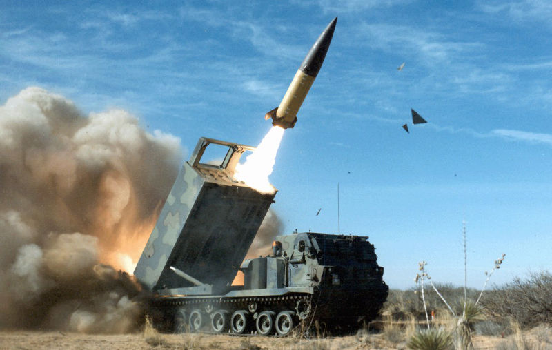 An ATACMS missile being launched from an M270 MLRS