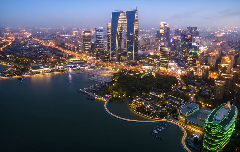 Suzhou Jinji Lake modern architectural landscape aerial photography night view