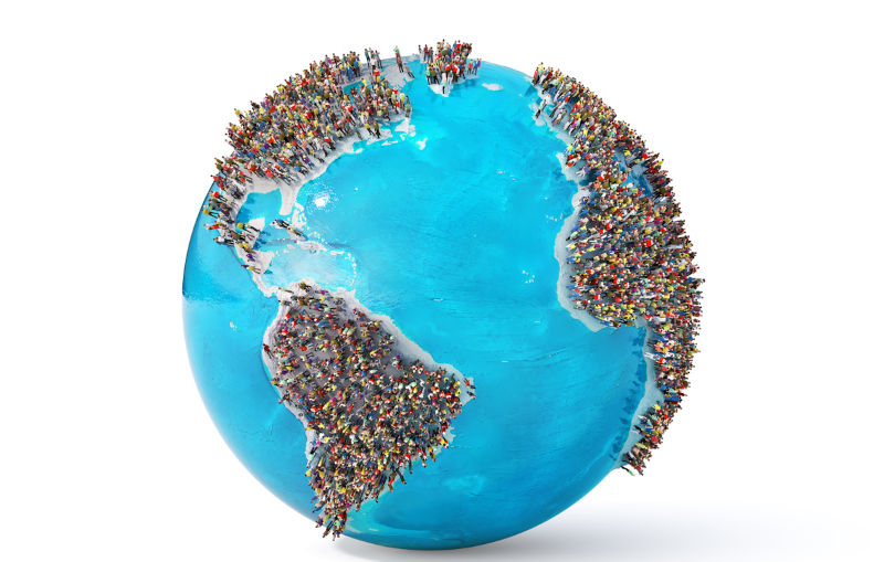 The problem of overpopulation. Earth full of people on a white background. 3d illustration