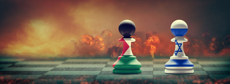 Palestine and Israel conflict. Flags on chess pawns on a chess board. 3D illustration.